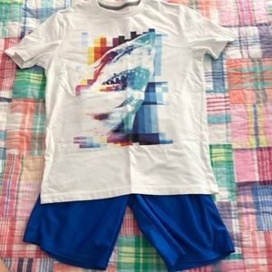 Shark top and shorts, size 7-10 kids